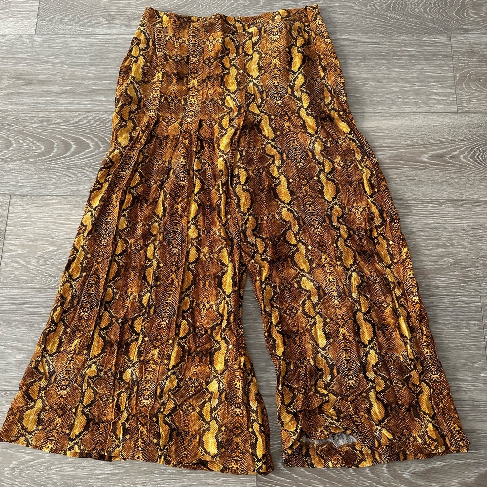 Zara Mustard Yellow Snake Print Wide Leg Pants
